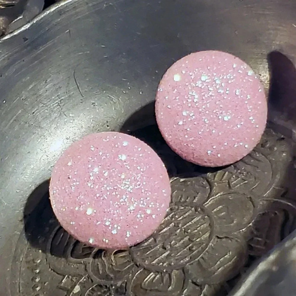 Retro 80s Club Glam Disco Sparkly Light Pink Fabric Button Earrings - Picture 8 of 8